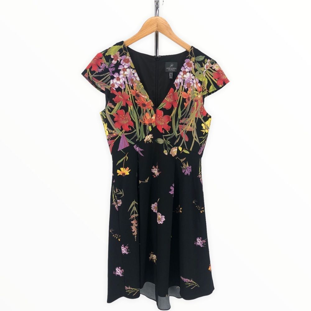 Adrianna Papell Black Bold Floral Cap Sleeve High Low Dress Size 4 V Neck